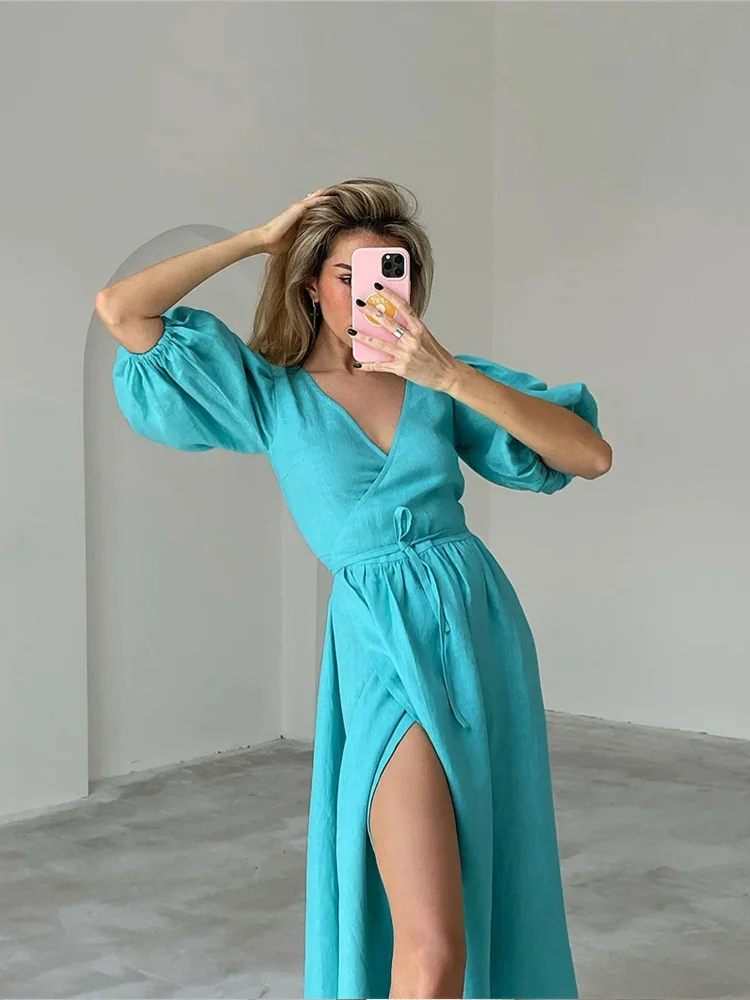 Robe Turquoise pour l&rsquo;Été à Manches Bouffantes