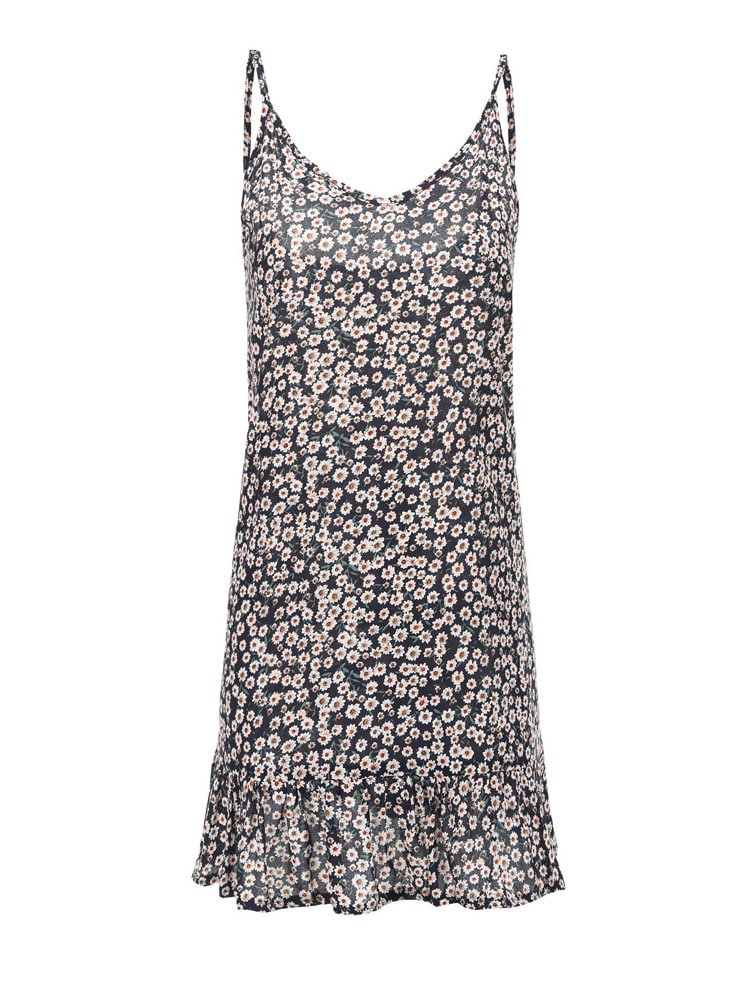 Robe Bleue Foncée D&rsquo;été à Fleurs Style Bohème à Fines Bretelles pour Femmes