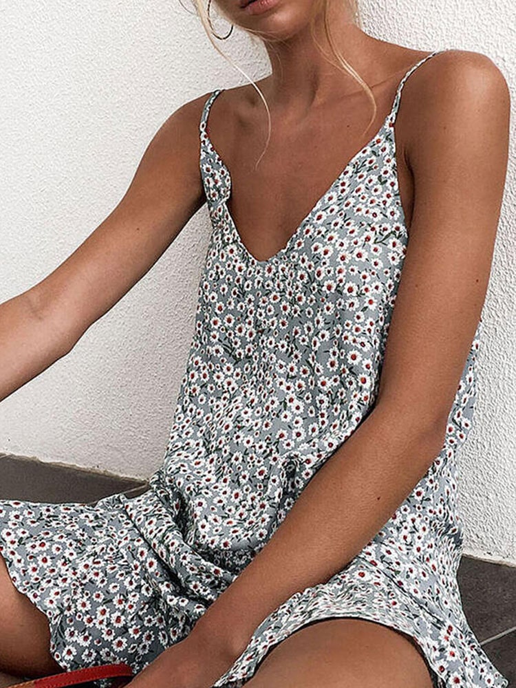 Robe Gris D’été à Fleurs Style Bohème à Fines Bretelles pour Femmes – Image 3