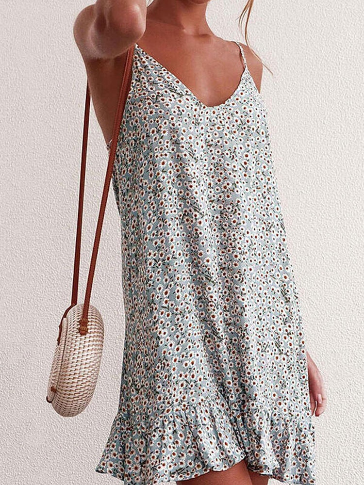 Robe Gris D&rsquo;été à Fleurs Style Bohème à Fines Bretelles pour Femmes