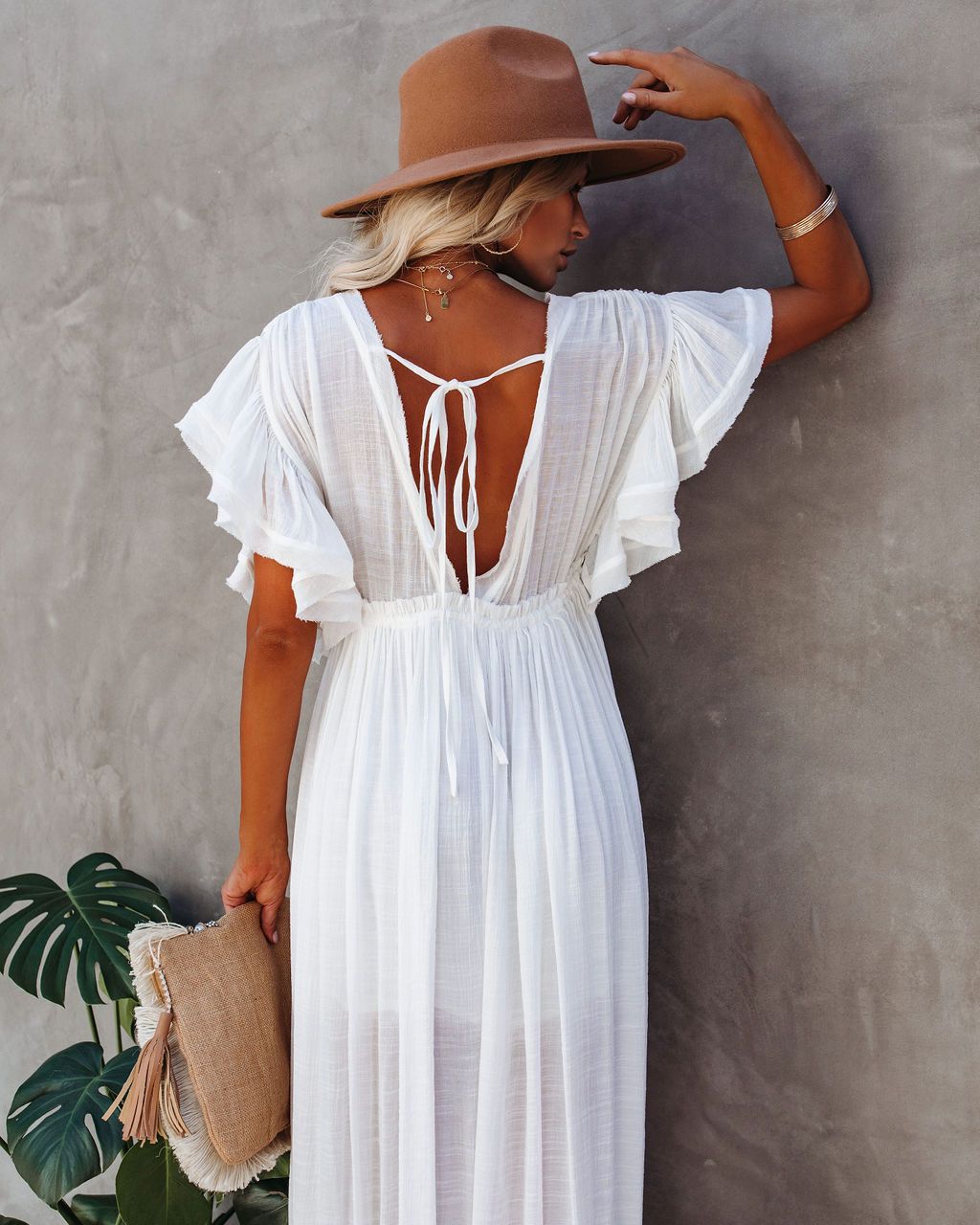 Robe Bohème Longue de Plage Blanche en Taille Haute