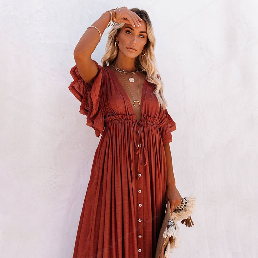Robe Bohème Longue de Plage Rouge en Taille Haute