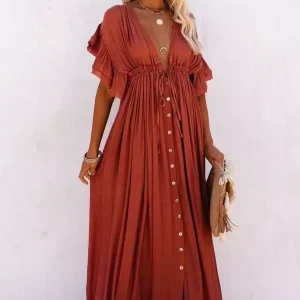 Robe Bohème Longue de Plage Rouge en Taille Haute