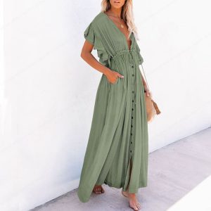Robe Bohème Longue de Plage Verte en Taille Haute