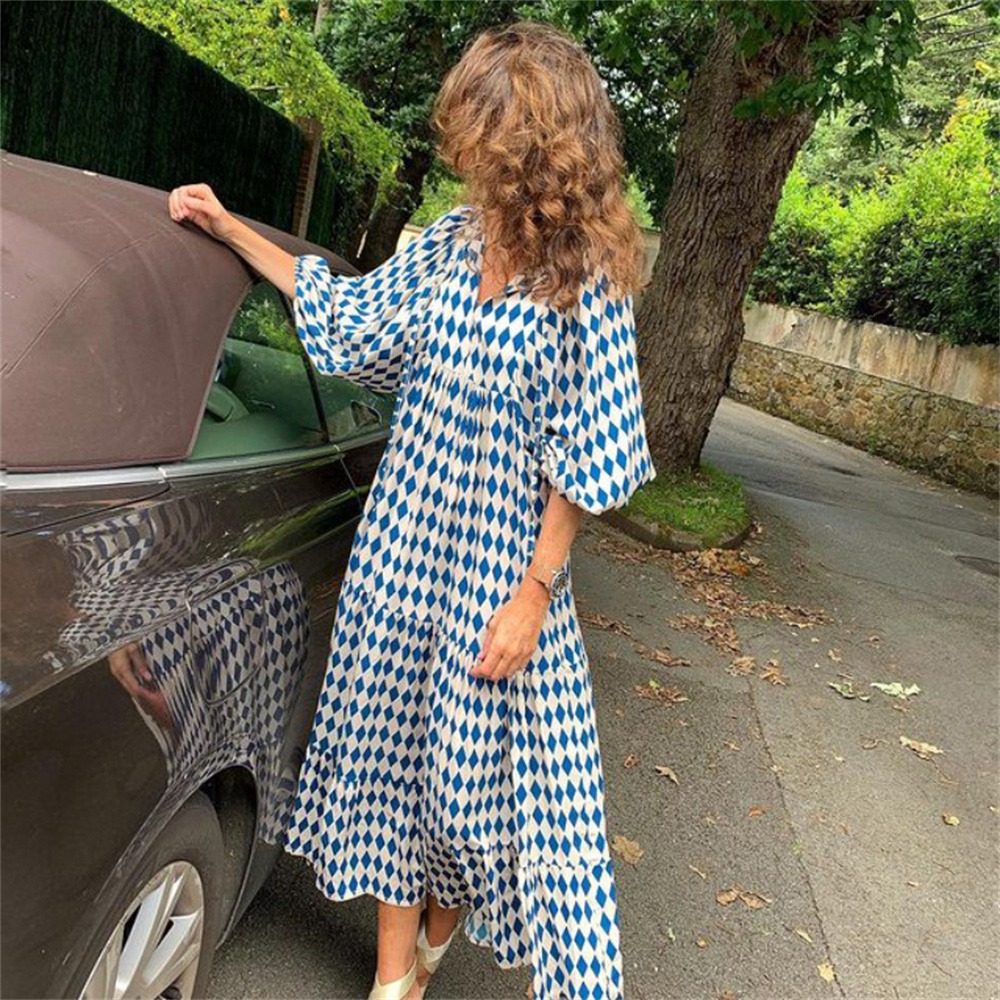 Robe Bohème Manches Bouffantes Bleue à Motif
