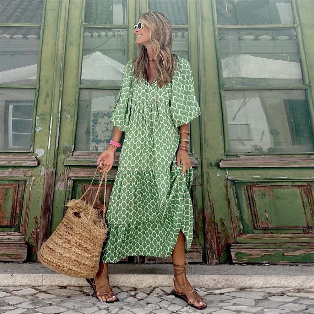 Robe Bohème Manches Bouffantes Verte à Motif