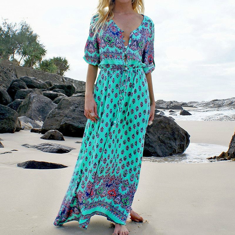 Robe Bohème Turquoise de Plage Longue pour Femme