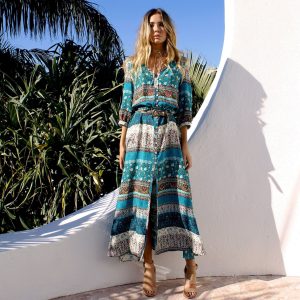 Robe Bohème Verte de Plage Longue pour Femme