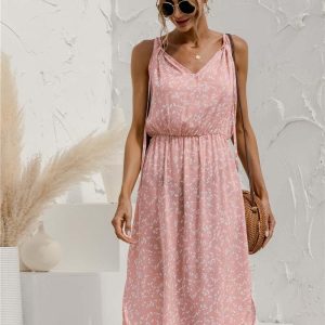 Robe D&rsquo;été Rose à Fines Bretelles Style Boho pour Femmes