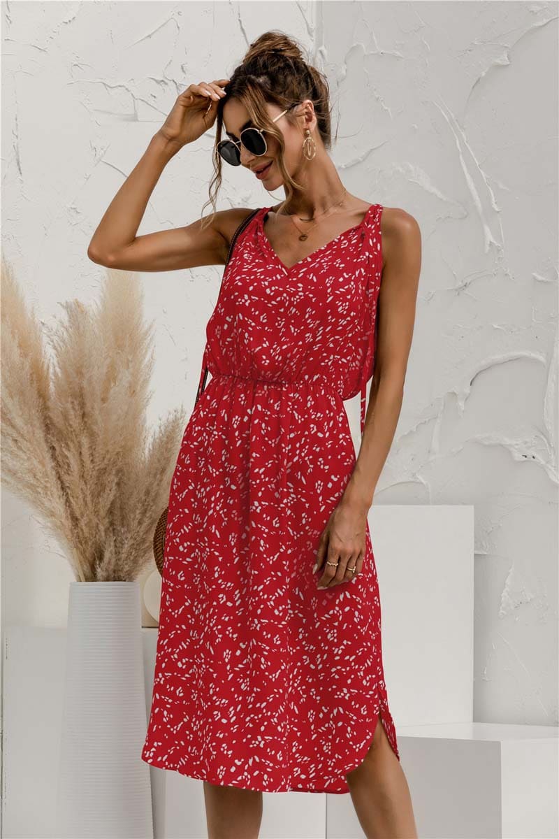 Robe D&rsquo;été Rouge à Fines Bretelles Style Boho pour Femmes