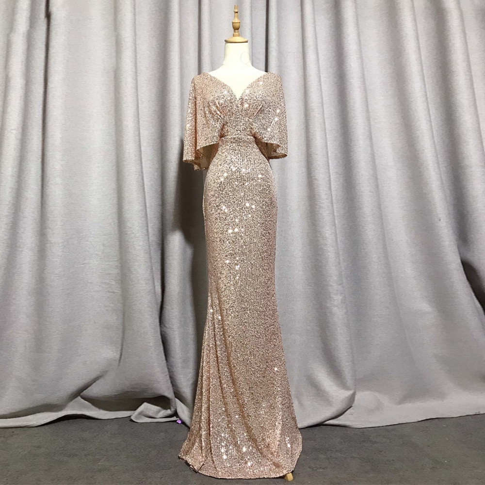 Robe de Sirène de Soirée Dorée à Manches Courtes