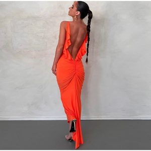 Robe Dos Nu Froncée à Volant et Bretelles Fines Orange
