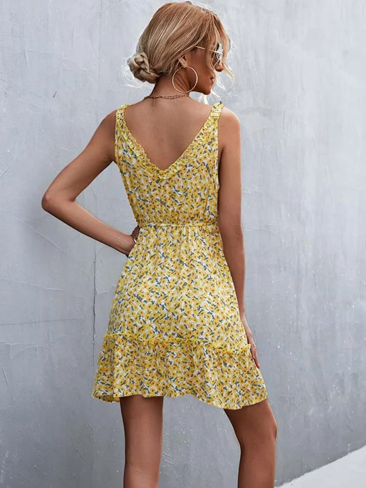 Robe Fluide Jaune à Motif Floral à Fines Bretelles – Image 4