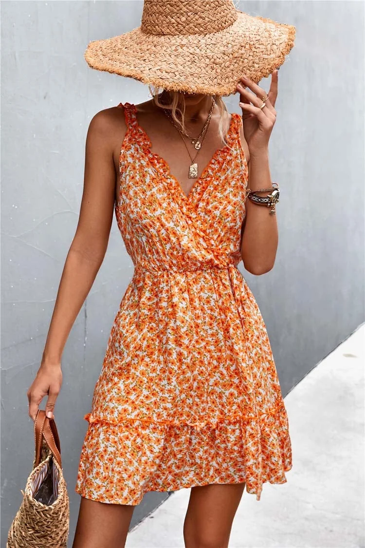 Robe Fluide Orange à Motif Floral à Fines Bretelles