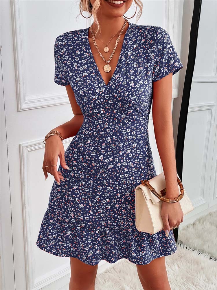 Robe Fluide Courte à Imprimé Fleuri Bleue – Image 5