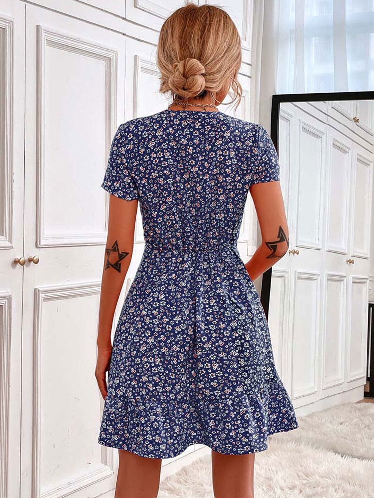 Robe Fluide Courte à Imprimé Fleuri Bleue – Image 4