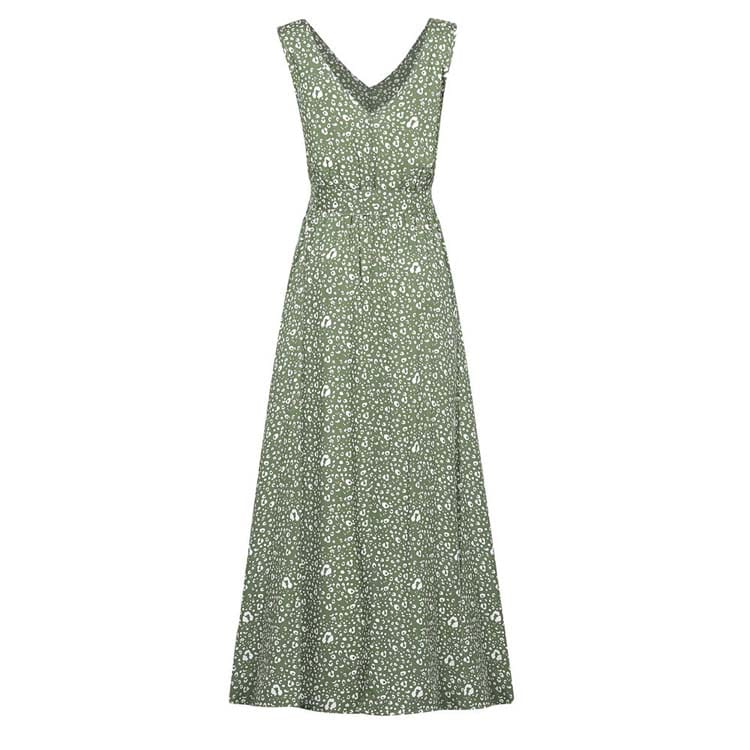 Robe Fluide Longue Verte à Fleurs Nouée à la Taille
