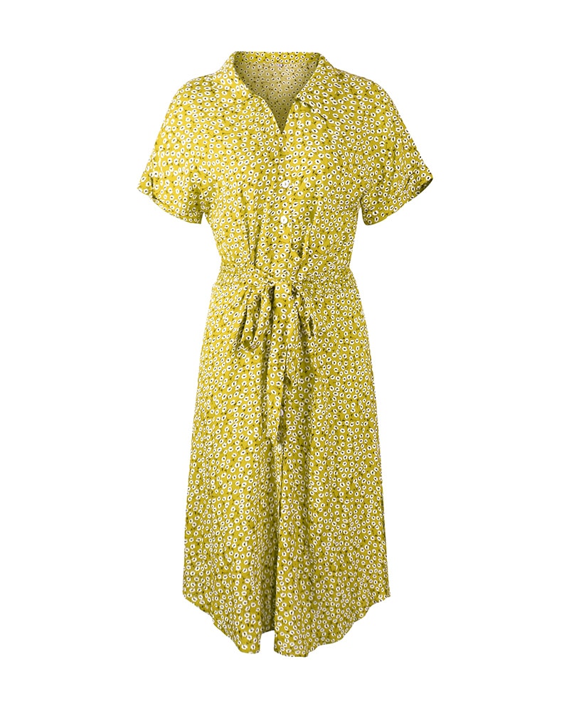 Robe Fluide Mi-longue Jaune Boutonnée à Motif Fleuri