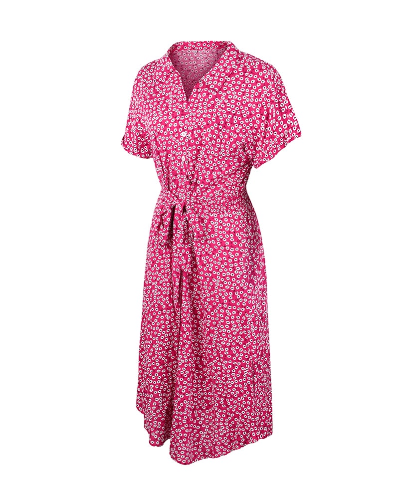 Robe Fluide Mi-longue Rouge Boutonnée à Motif Fleuri