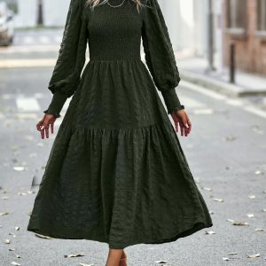 Robe Habillée Verte en Trapèze à Manches Lanternes Élégantes pour Femmes