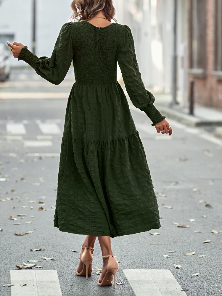Robe Habillée Verte en Trapèze à Manches Lanternes Élégantes pour Femmes
