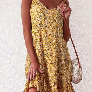 Robe Jaune D&rsquo;été à Fleurs Style Bohème à Fines Bretelles pour Femmes