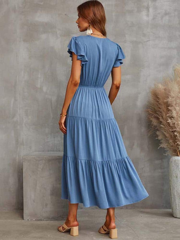 Robe Longue D&rsquo;été Bleue à Volants pour Femmes