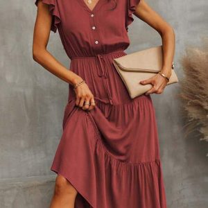 Robe Longue D&rsquo;été Rouge à Volants pour Femmes