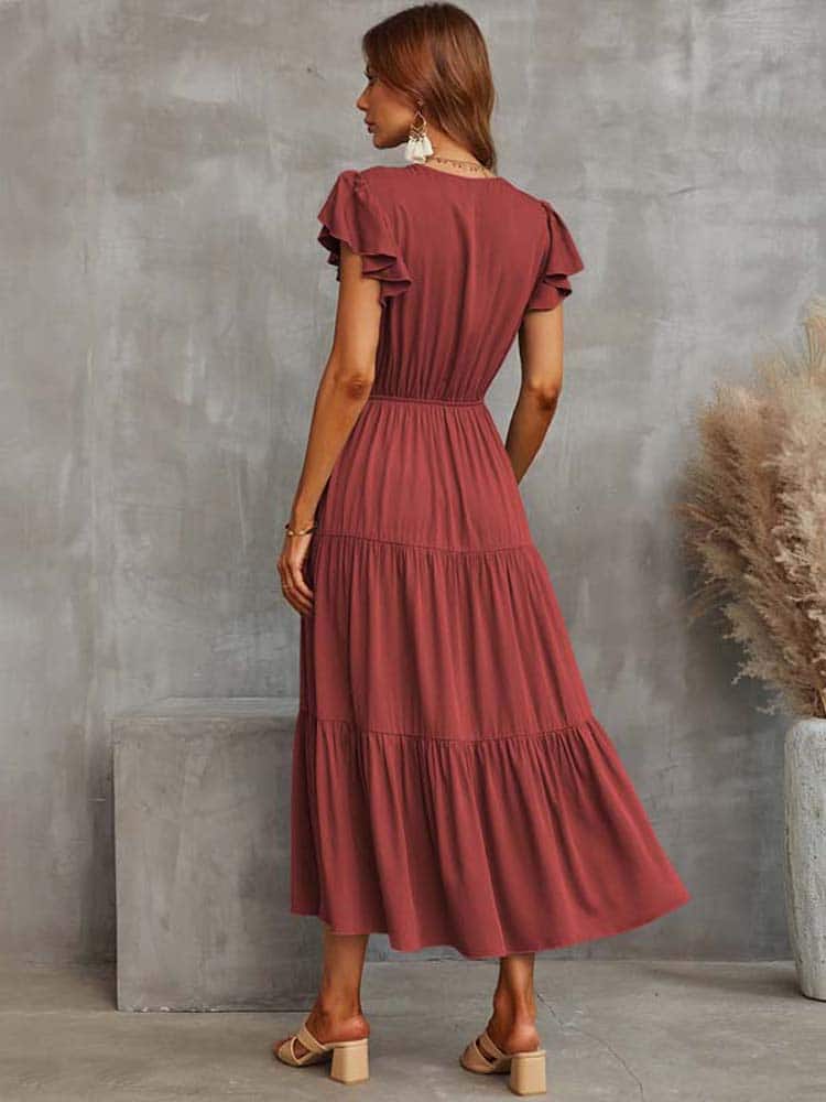 Robe Longue D&rsquo;été Rouge à Volants pour Femmes