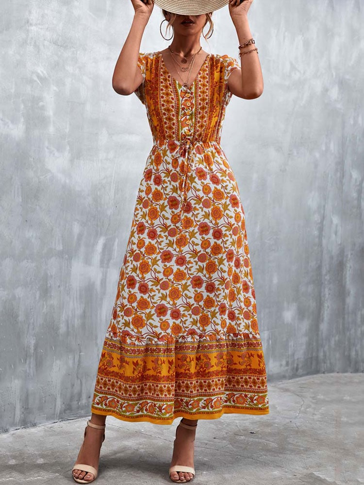 Robe Jaune Longue et Légère à Fleurs Style Boho pour Femmes
