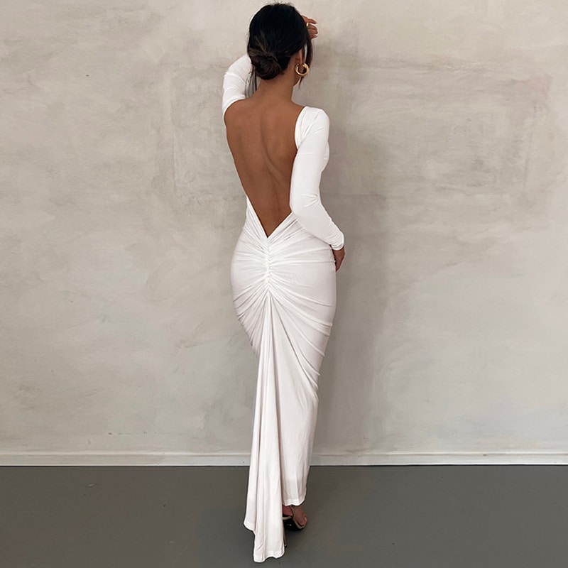 Robe Longue Moulante Blanche à Dos Nu Fronçé