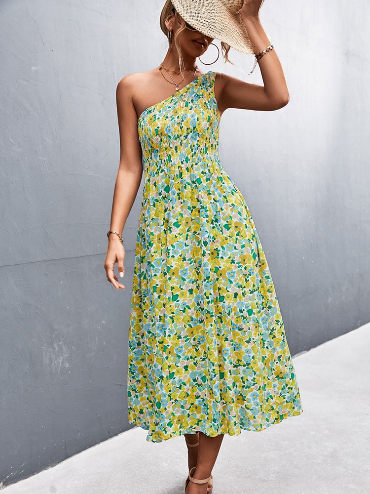 Robe Jaune et Verte Longue à Fleurs Style Boho Asymétrique pour Femmes
