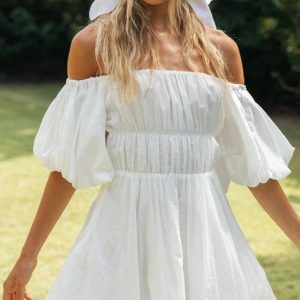 Robe Patineuse Blanche à Manches Bouffantes