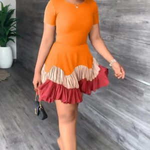 Robe Patineuse Orange à Volants Bicolores