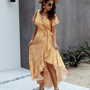 Robe Portefeuille Longue D&rsquo;été à Motif Floral Orange