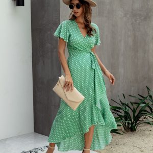 Robe Portefeuille Longue D&rsquo;été Verte en Dentelle à Pois