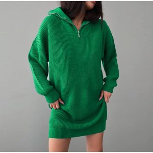 Robe Pull Verte Côtelée à Col Zippé