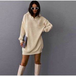 Robe Pull Beige Côtelée à Col Zippé