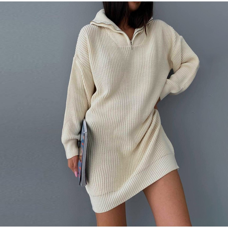 Robe Pull Beige Côtelée à Col Zippé