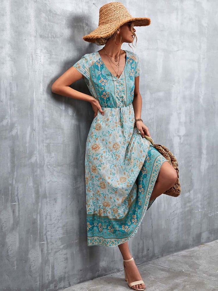 Robe Bleue Longue et Légère à Fleurs Style Boho pour Femmes