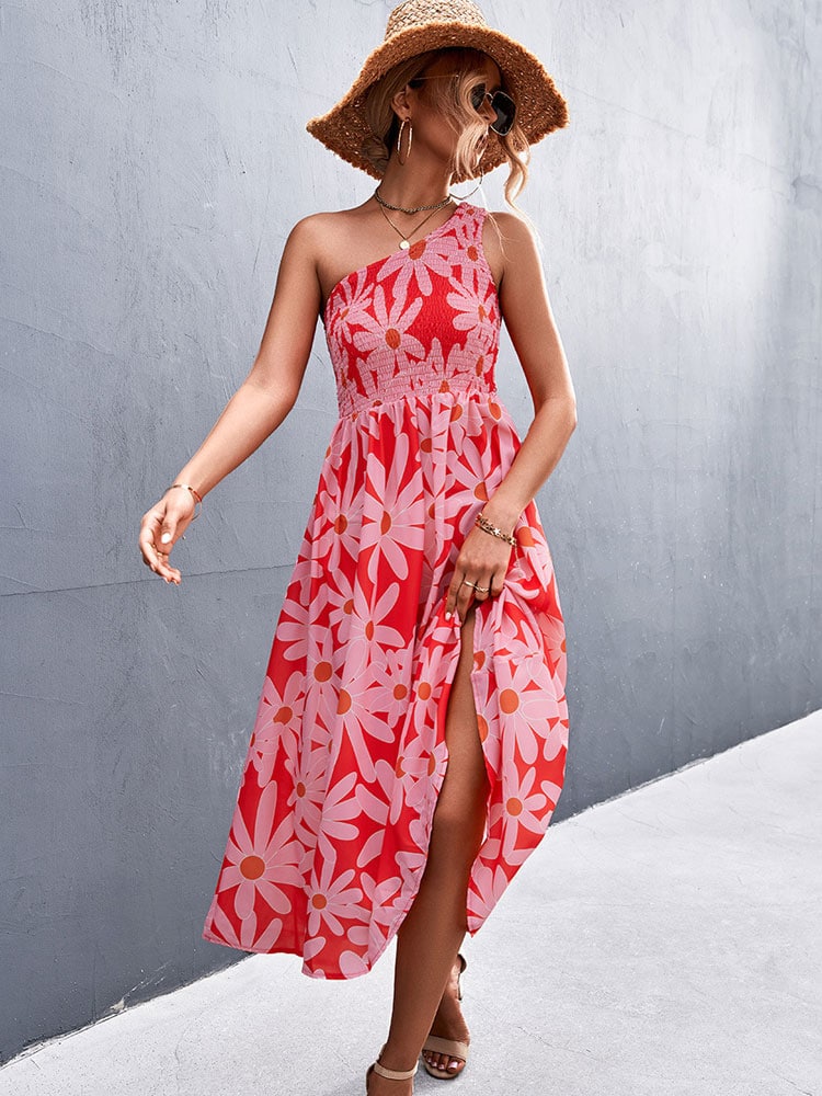 Robe Rouge Longue à Grosses Fleurs Style Boho Asymétrique pour Femmes – Image 3