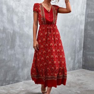 Robe Rouge Longue et Légère à Fleurs Style Boho pour Femmes