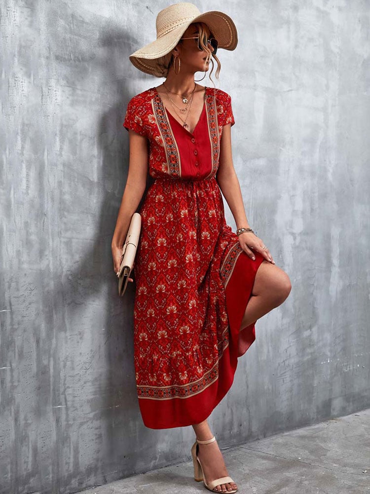 Robe Rouge Longue et Légère à Fleurs Style Boho pour Femmes