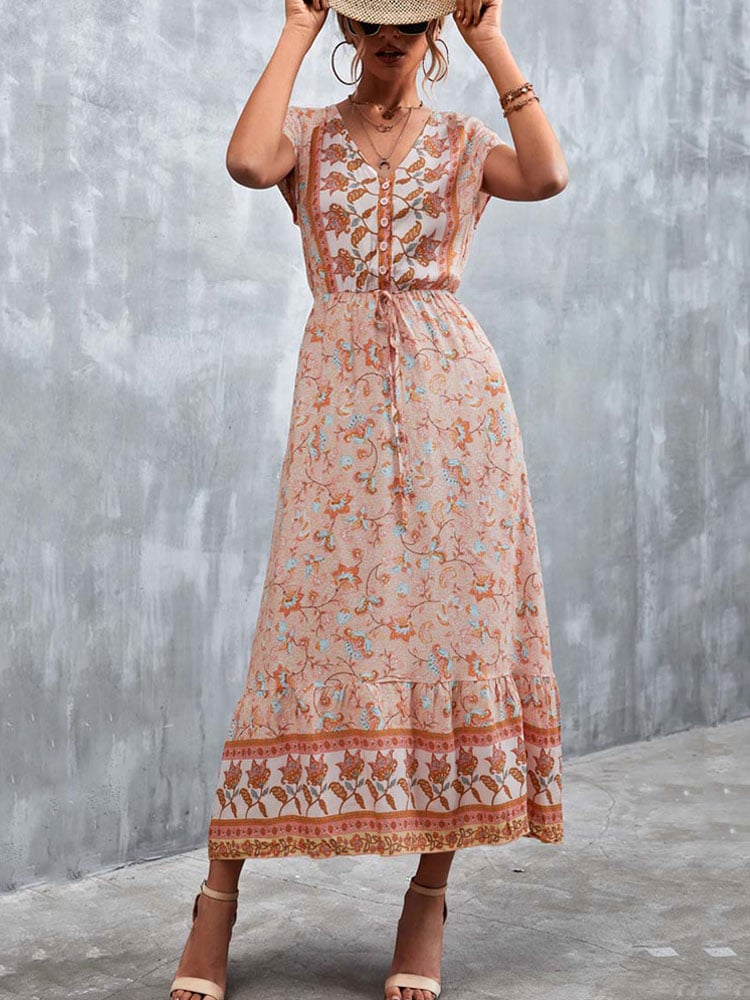 Robe Beige Longue et Légère à Fleurs Style Boho pour Femmes