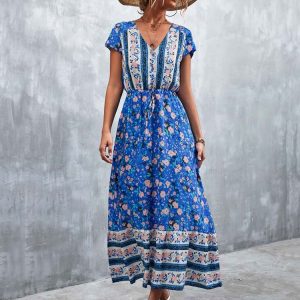 Robe Bleue Marine Longue et Légère à Fleurs Style Boho pour Femmes