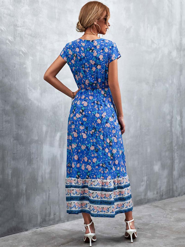 Robe Bleue Marine Longue et Légère à Fleurs Style Boho pour Femmes