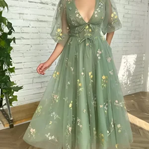Robe Vert Sauge en Tulle Brodé